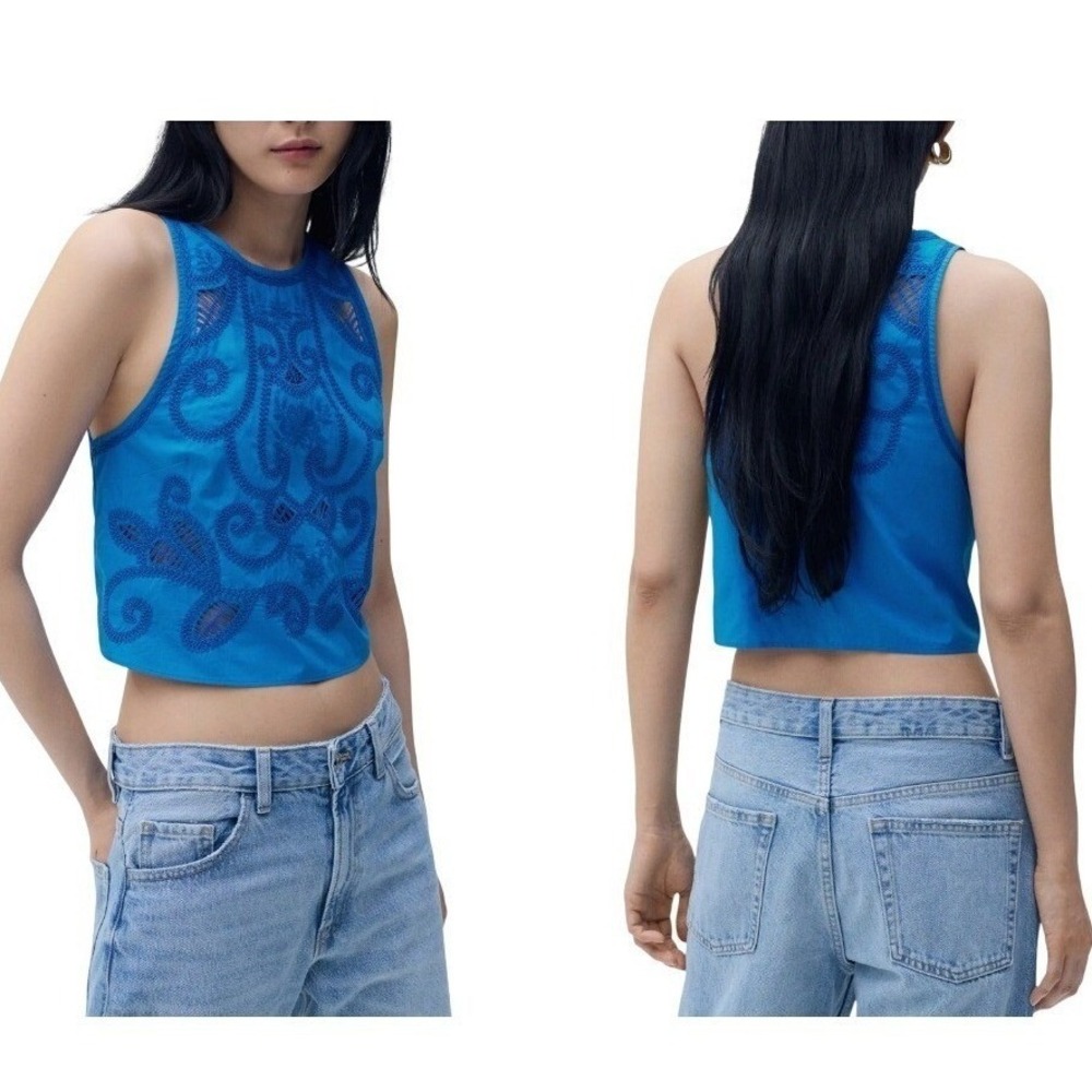 MNG Collection Women's Embroidered Sleeveless Cotton Cropped Top Blue Size Small